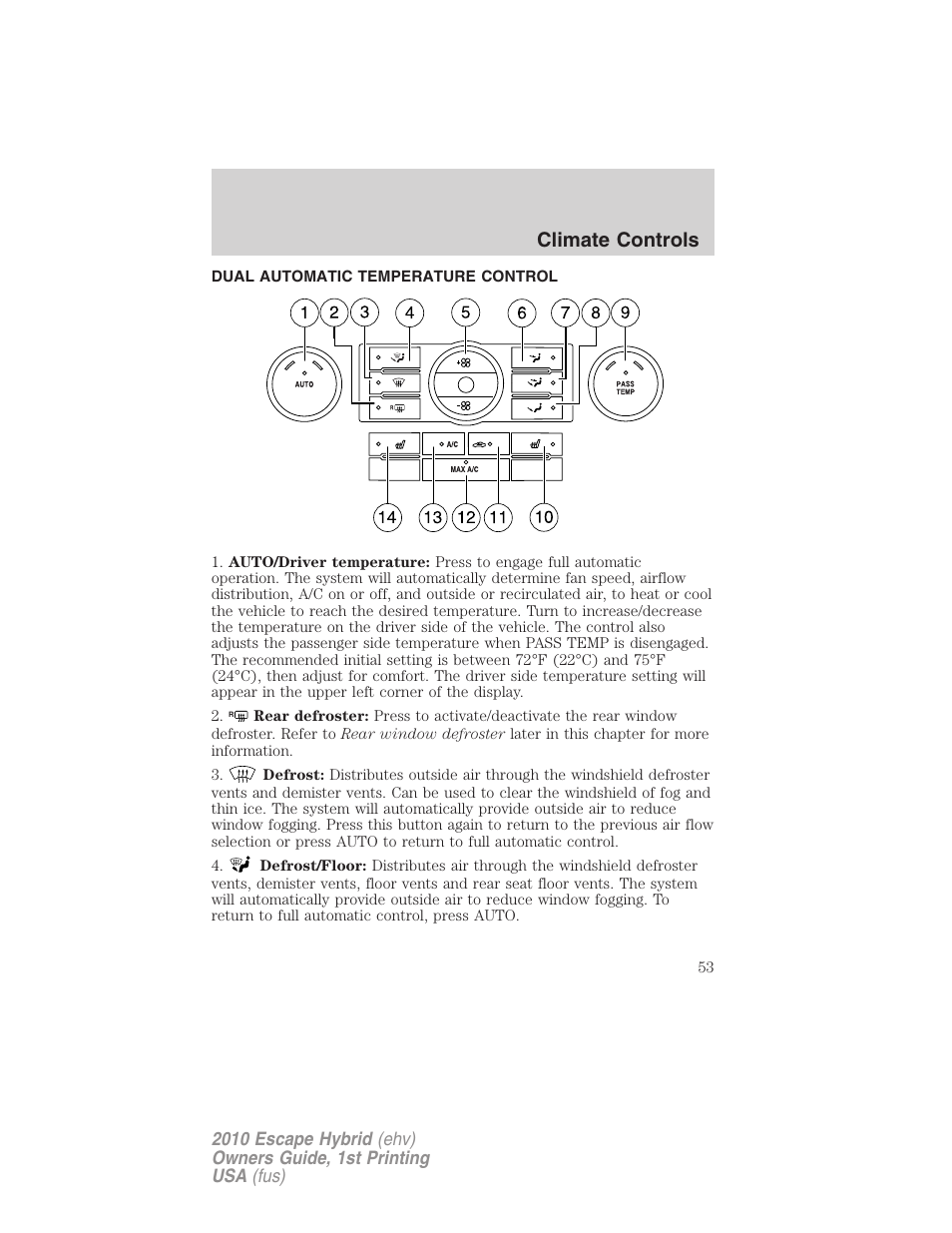 Climate controls, Dual automatic temperature control | FORD 2010 Escape Hybrid v.1 User Manual | Page 53 / 352