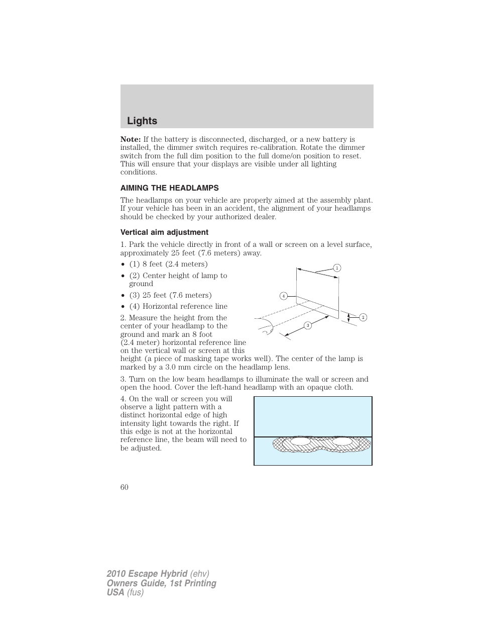 Aiming the headlamps, Vertical aim adjustment, Lights | FORD 2010 Escape Hybrid v.1 User Manual | Page 60 / 352