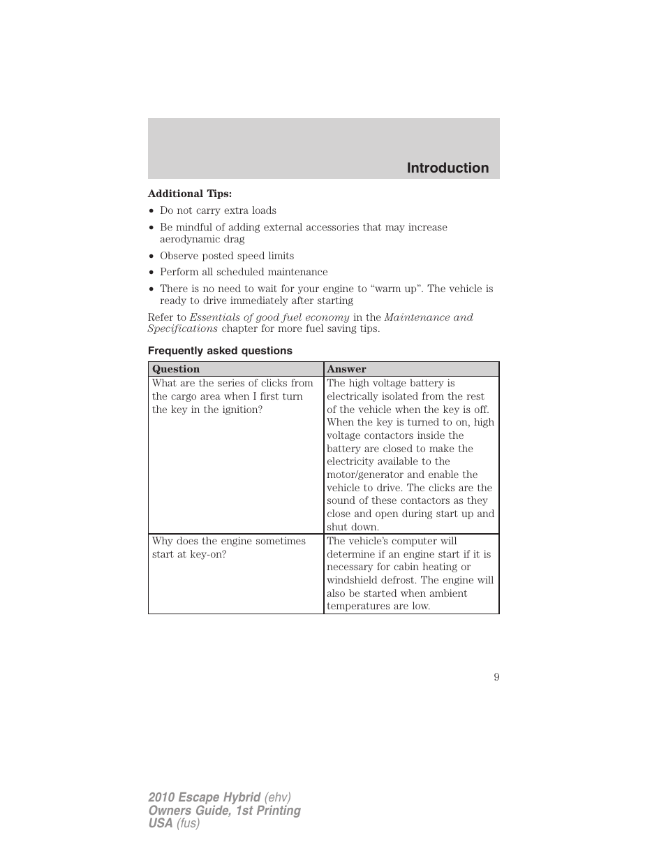 Frequently asked questions, Introduction | FORD 2010 Escape Hybrid v.1 User Manual | Page 9 / 352