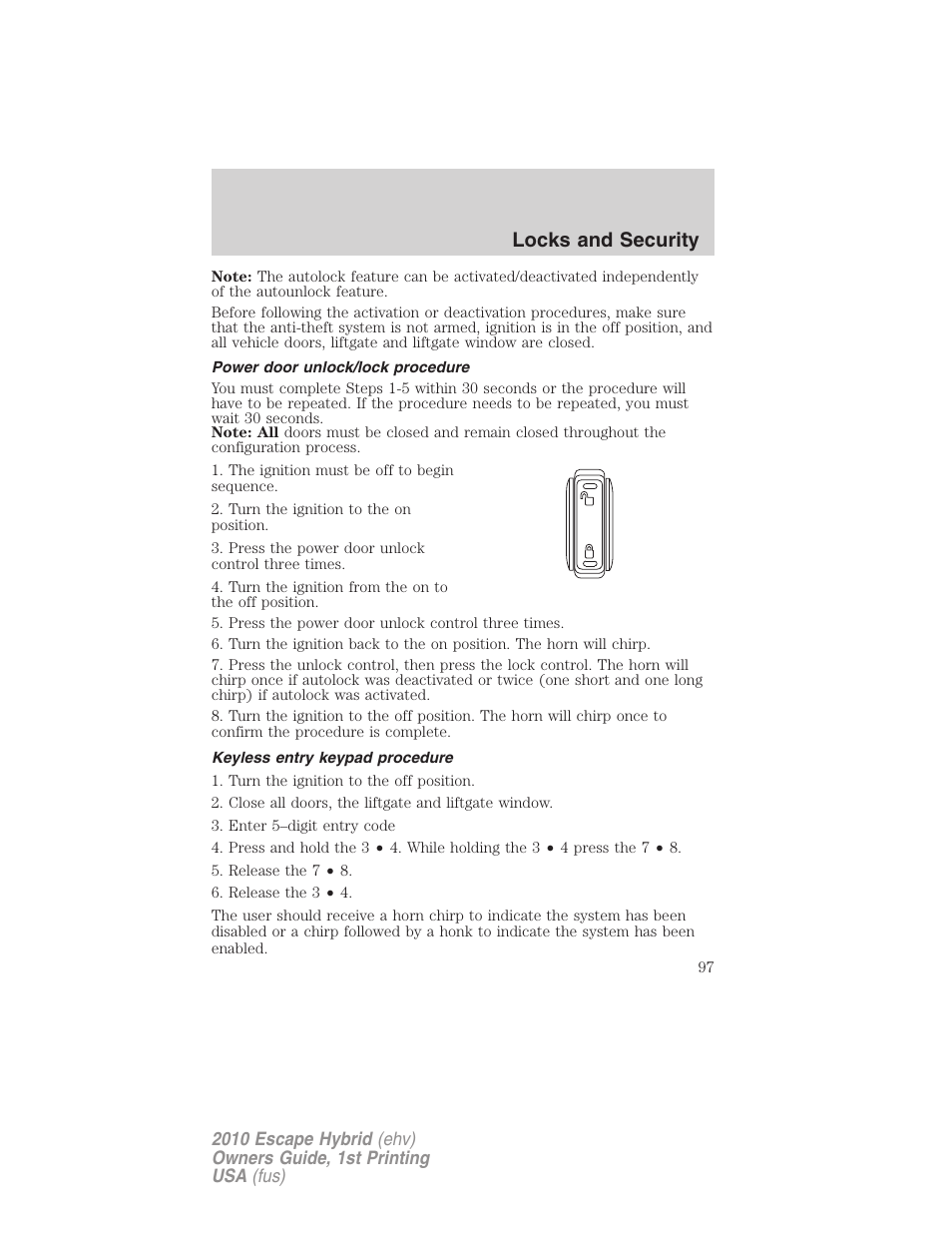 Power door unlock/lock procedure, Keyless entry keypad procedure, Locks and security | FORD 2010 Escape Hybrid v.1 User Manual | Page 97 / 352