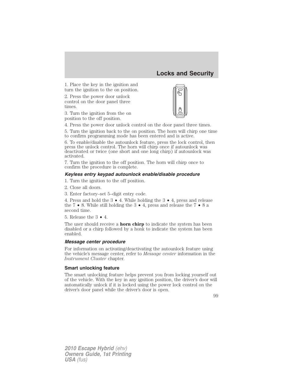 Message center procedure, Smart unlocking feature, Locks and security | FORD 2010 Escape Hybrid v.1 User Manual | Page 99 / 352