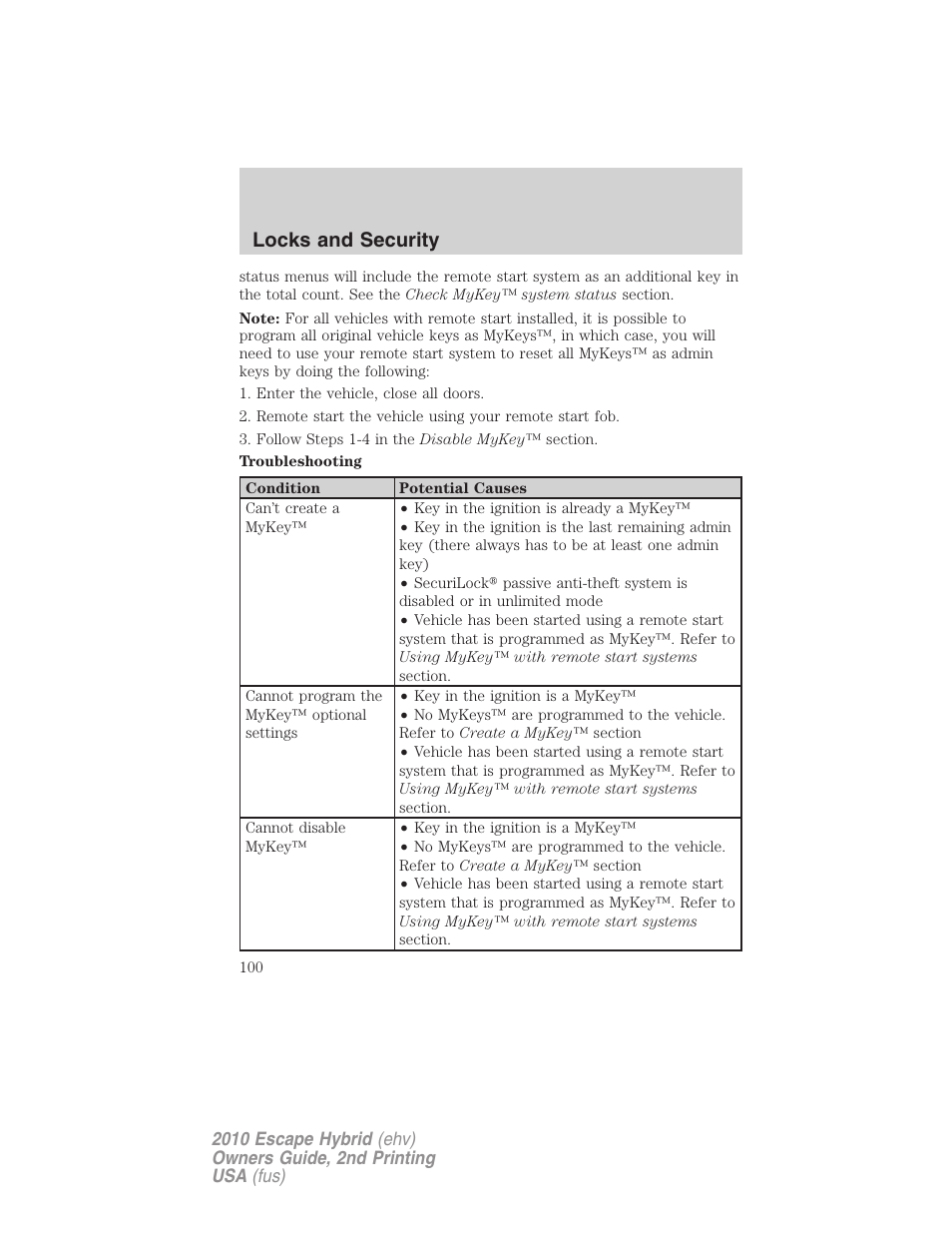Locks and security | FORD 2010 Escape Hybrid v.2 User Manual | Page 100 / 353