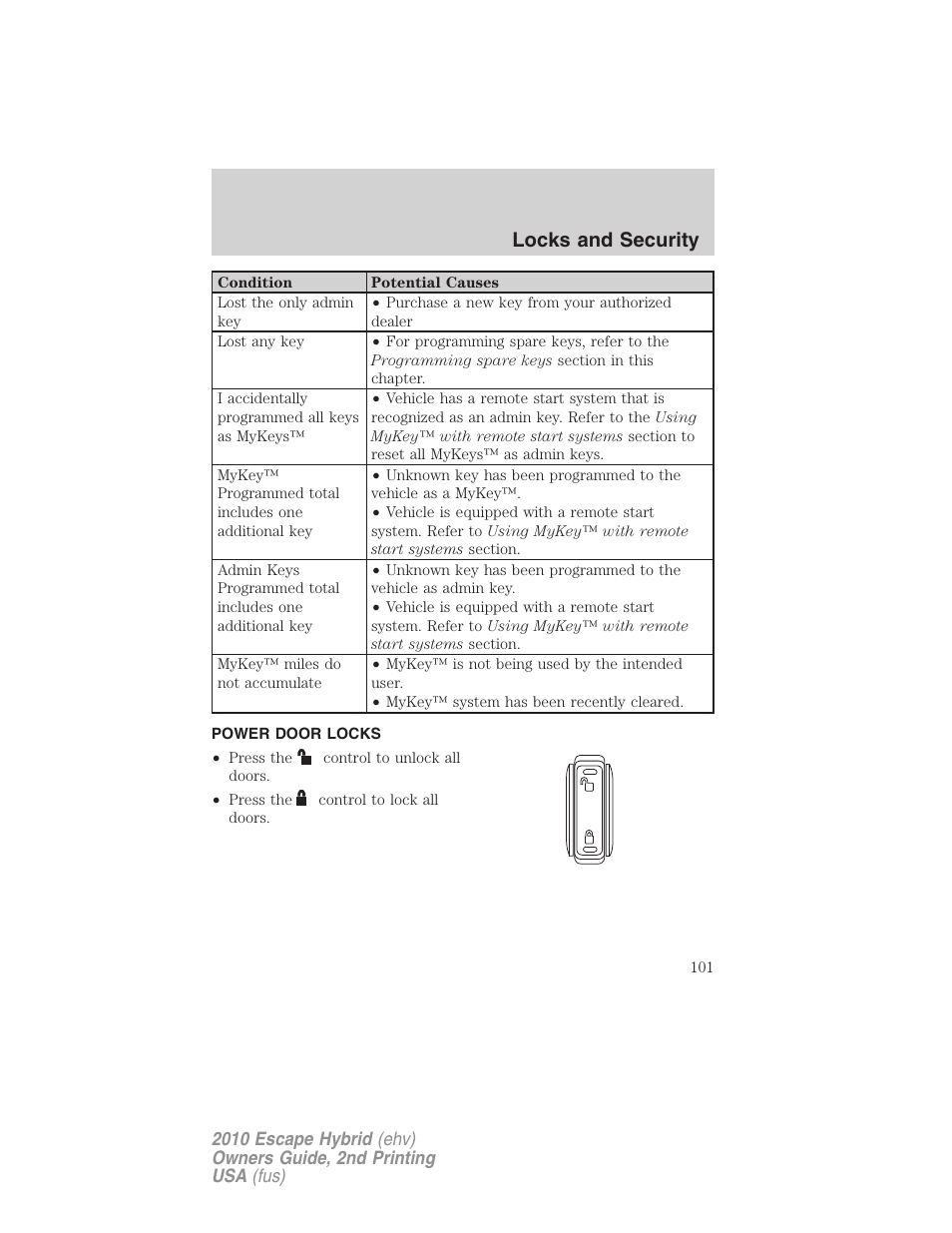 Power door locks, Locks, Locks and security | FORD 2010 Escape Hybrid v.2 User Manual | Page 101 / 353