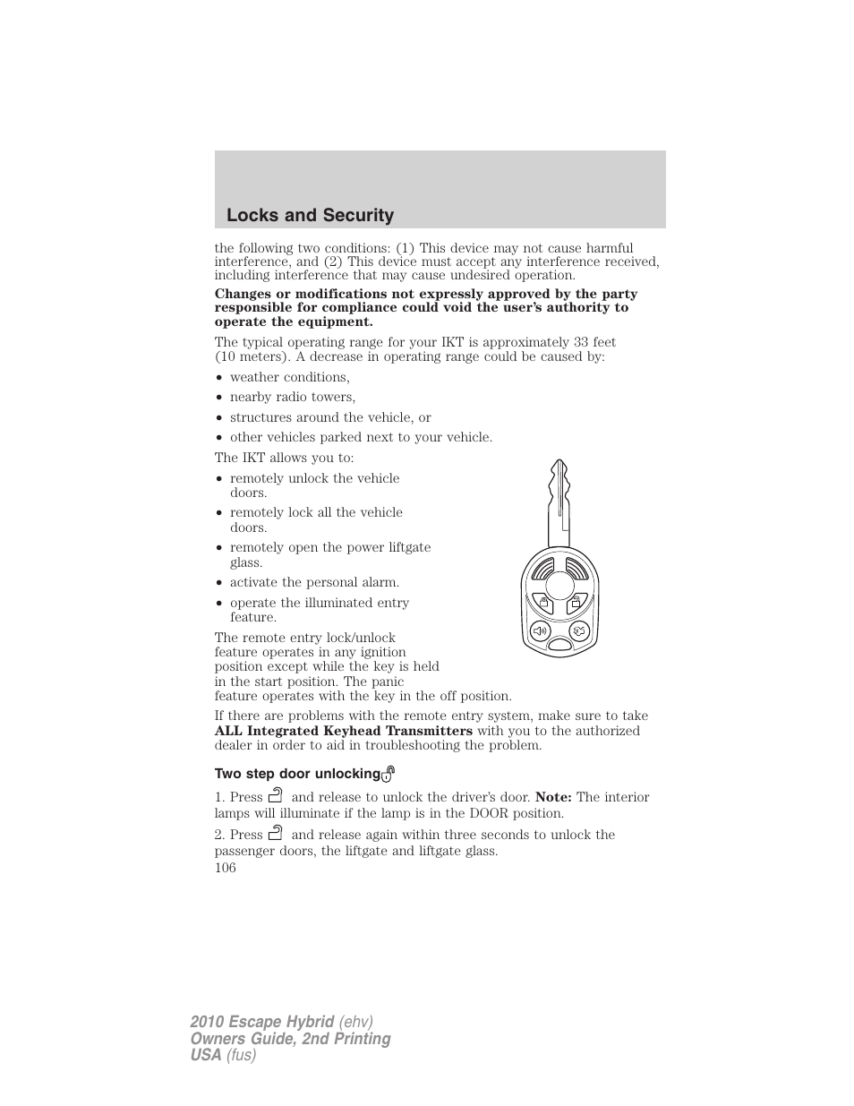 Two step door unlocking, Locks and security | FORD 2010 Escape Hybrid v.2 User Manual | Page 106 / 353