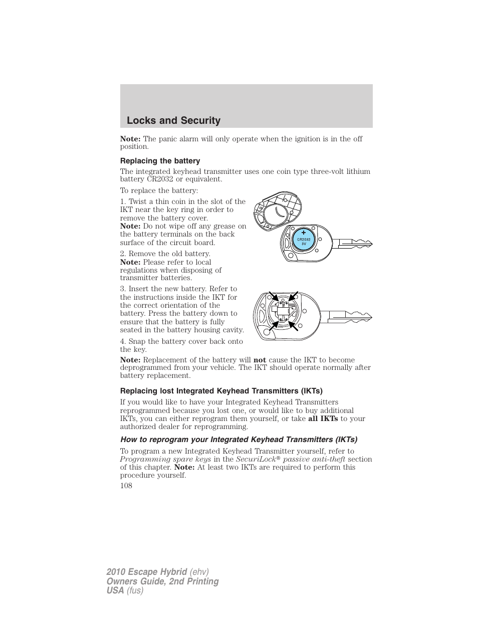 Replacing the battery, Locks and security | FORD 2010 Escape Hybrid v.2 User Manual | Page 108 / 353
