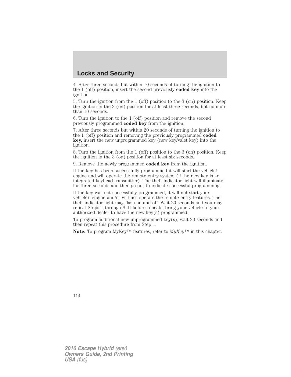 Locks and security | FORD 2010 Escape Hybrid v.2 User Manual | Page 114 / 353