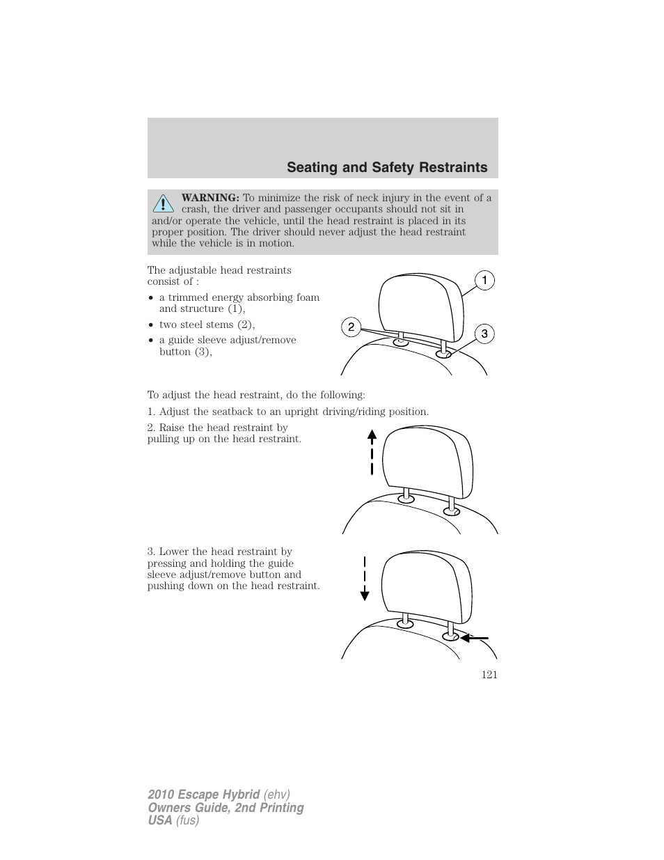 Seating and safety restraints | FORD 2010 Escape Hybrid v.2 User Manual | Page 121 / 353