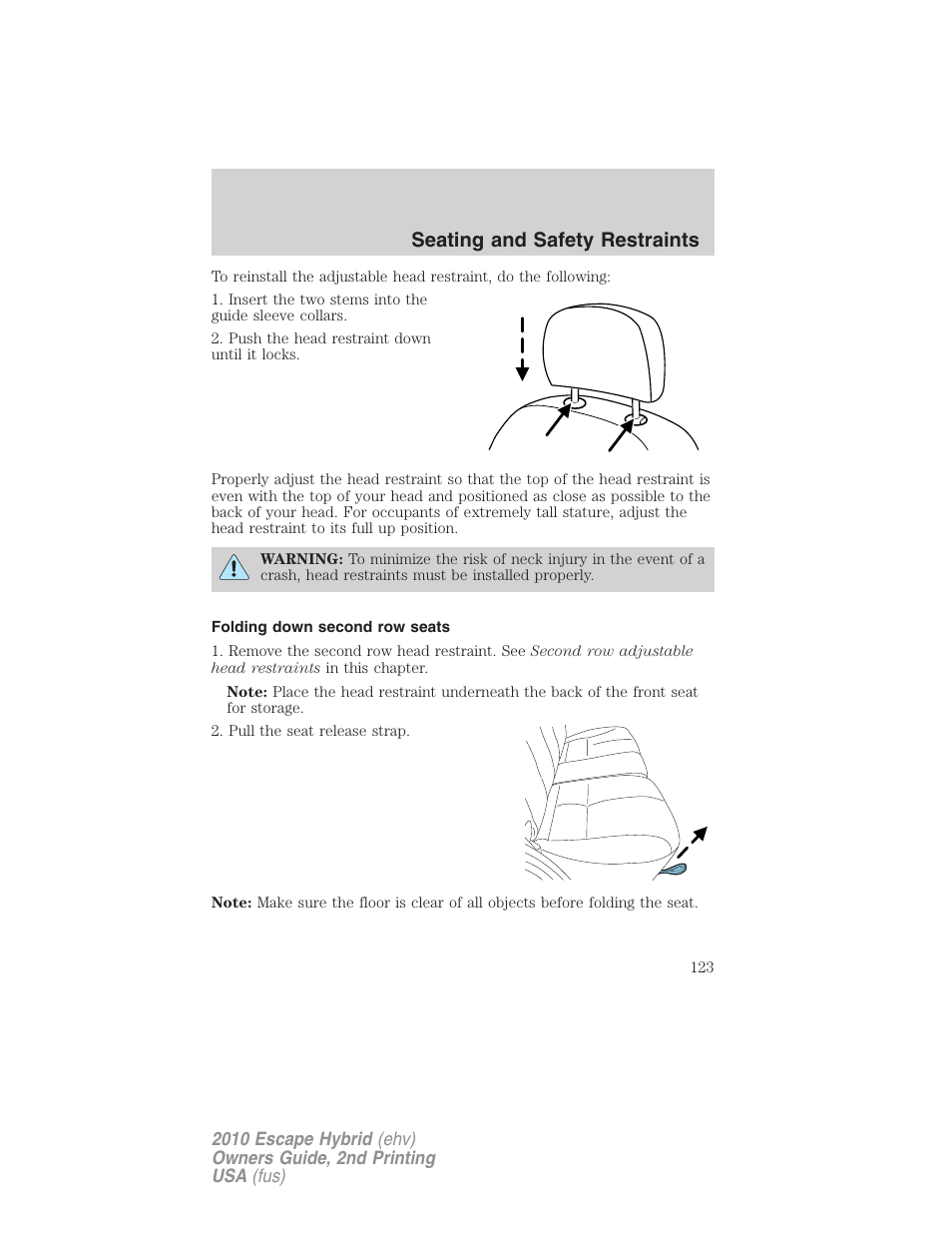 Folding down second row seats, Seating and safety restraints | FORD 2010 Escape Hybrid v.2 User Manual | Page 123 / 353