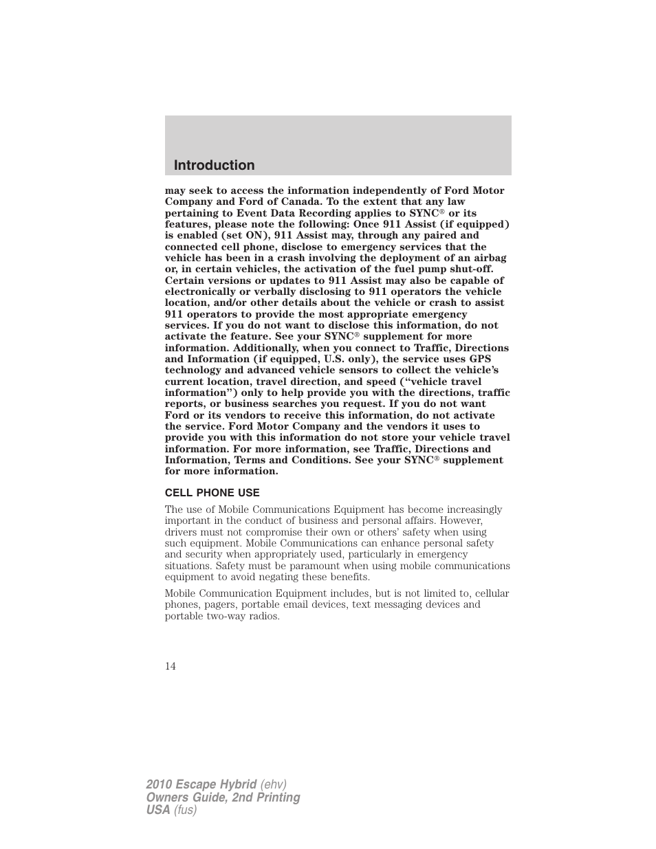 Cell phone use, Introduction | FORD 2010 Escape Hybrid v.2 User Manual | Page 14 / 353