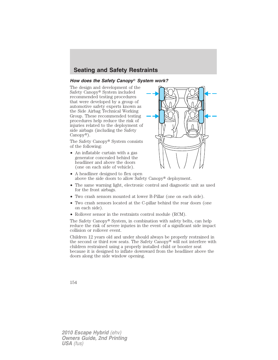How does the safety canopy system work, Seating and safety restraints | FORD 2010 Escape Hybrid v.2 User Manual | Page 154 / 353