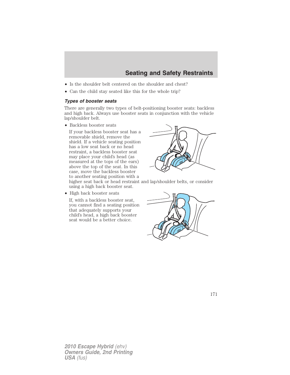 Types of booster seats, Seating and safety restraints | FORD 2010 Escape Hybrid v.2 User Manual | Page 171 / 353