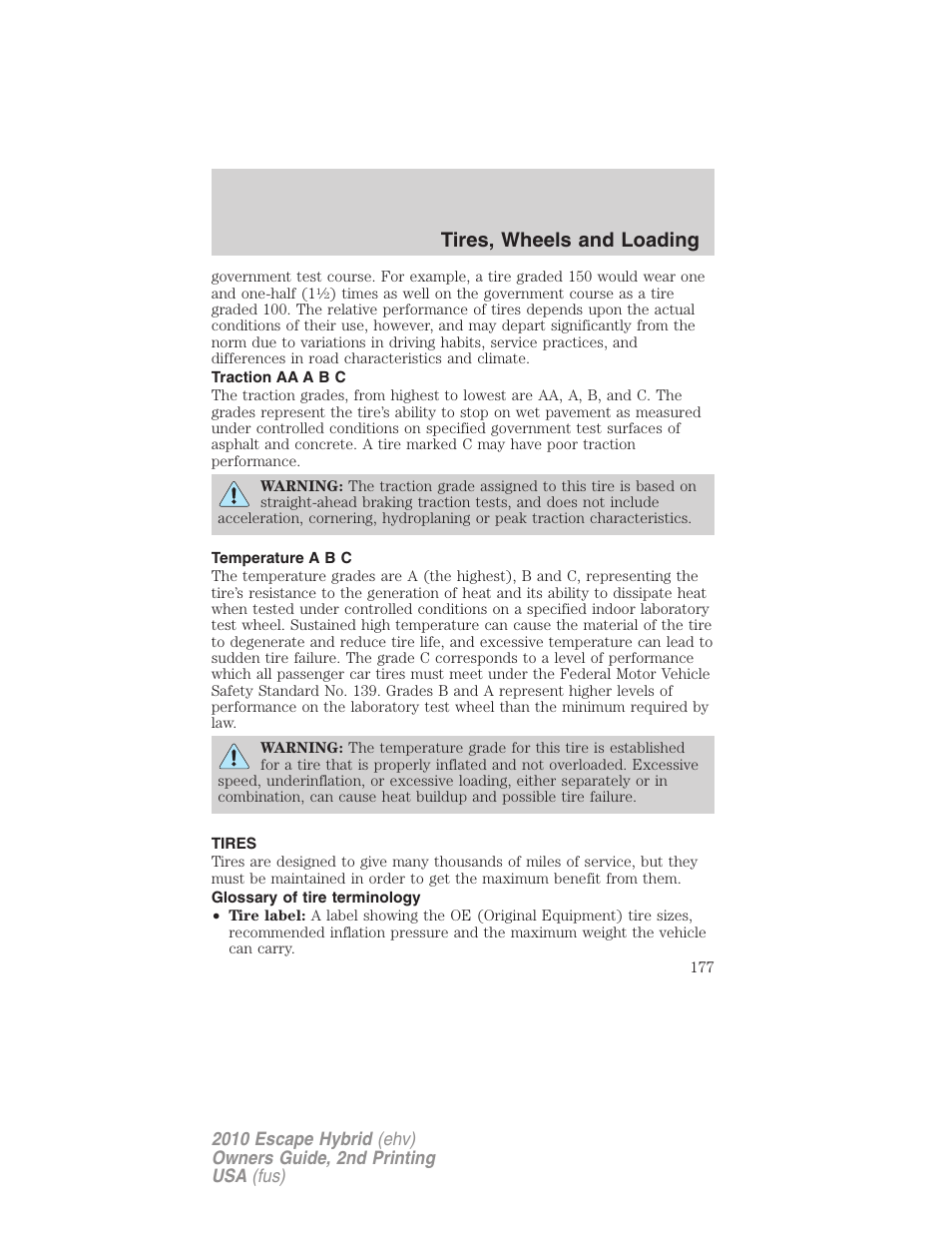 Traction aa a b c, Temperature a b c, Tires | Glossary of tire terminology, Tires, wheels and loading | FORD 2010 Escape Hybrid v.2 User Manual | Page 177 / 353