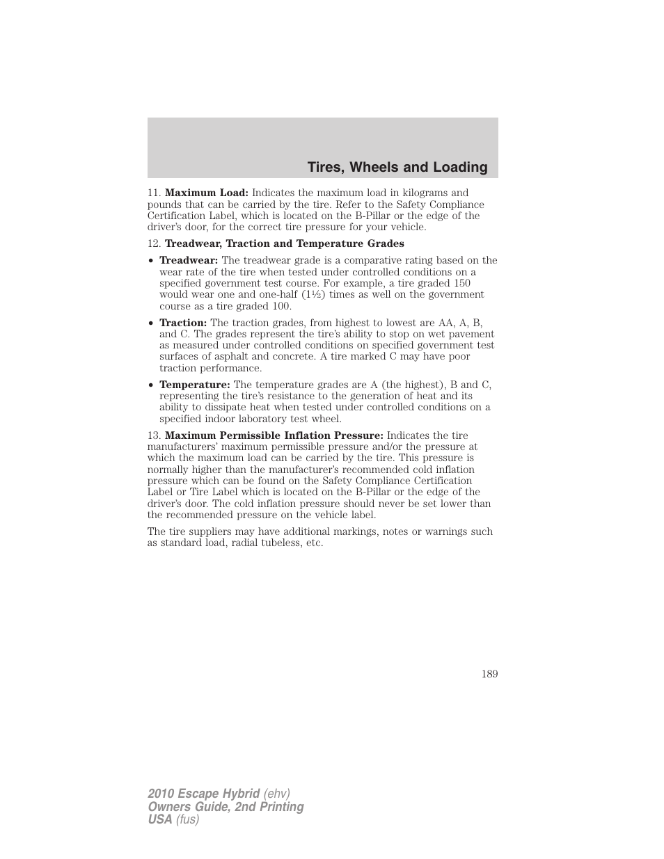 Tires, wheels and loading | FORD 2010 Escape Hybrid v.2 User Manual | Page 189 / 353