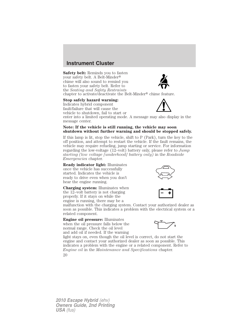 Instrument cluster | FORD 2010 Escape Hybrid v.2 User Manual | Page 20 / 353