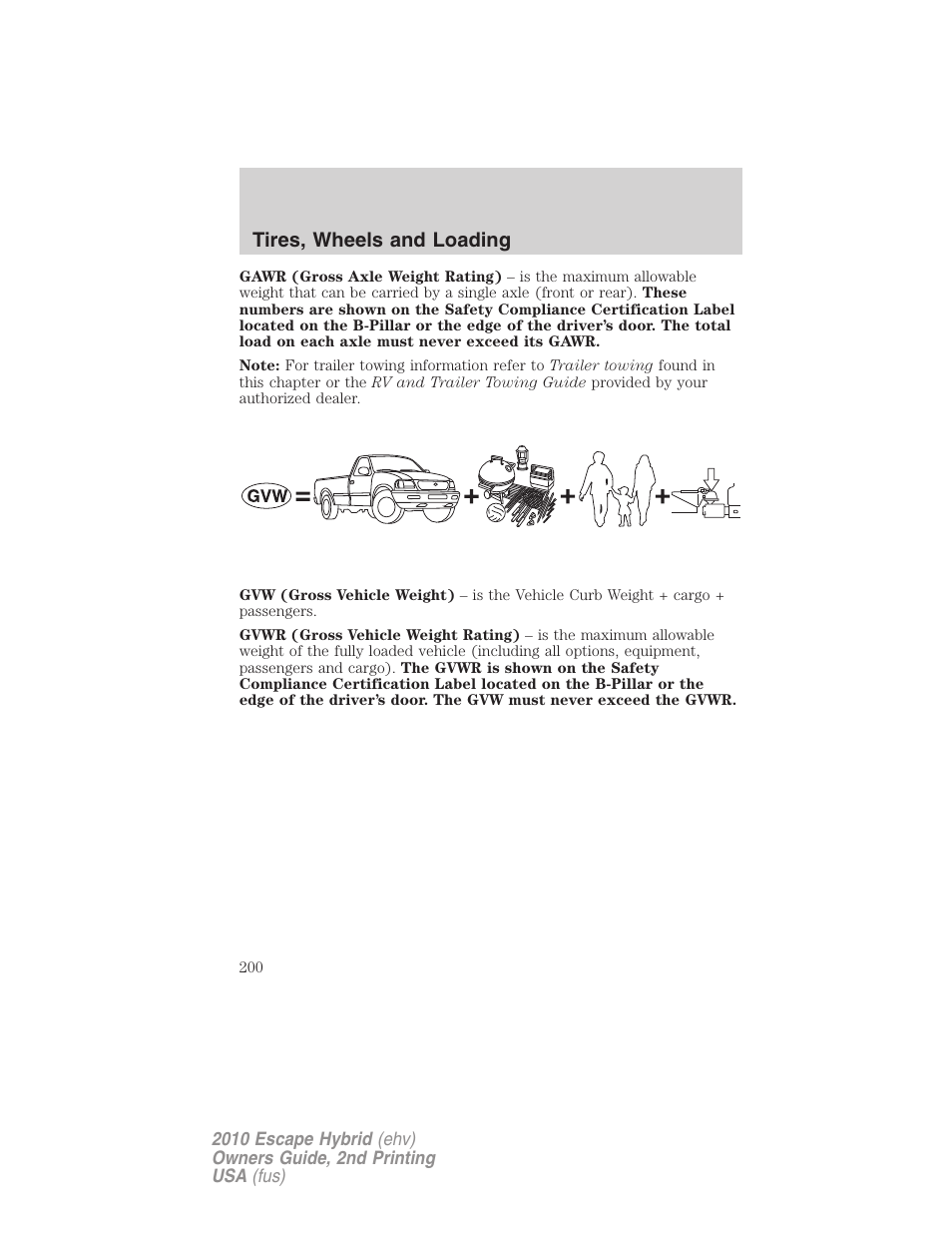 Tires, wheels and loading | FORD 2010 Escape Hybrid v.2 User Manual | Page 200 / 353