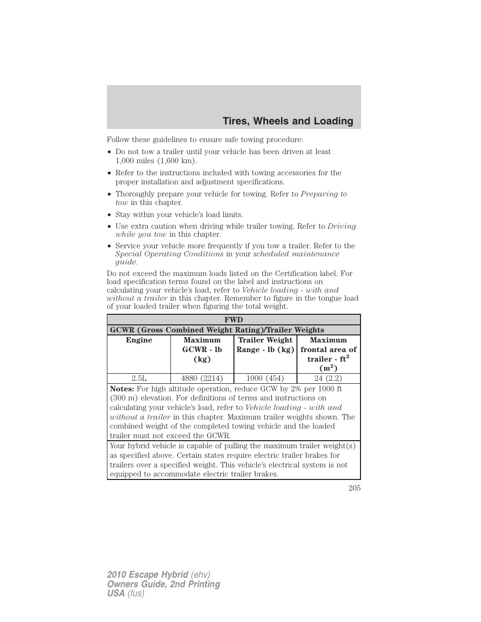 Tires, wheels and loading | FORD 2010 Escape Hybrid v.2 User Manual | Page 205 / 353