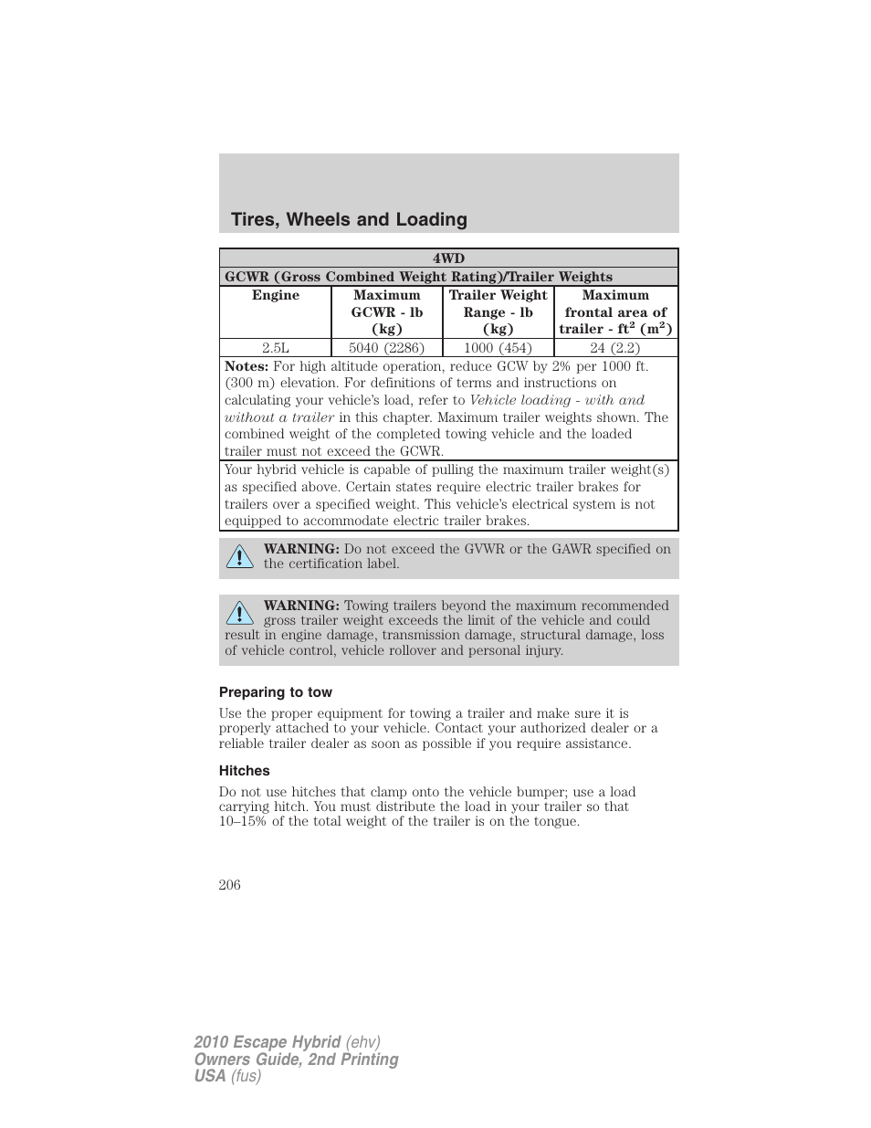 Preparing to tow, Hitches, Tires, wheels and loading | FORD 2010 Escape Hybrid v.2 User Manual | Page 206 / 353