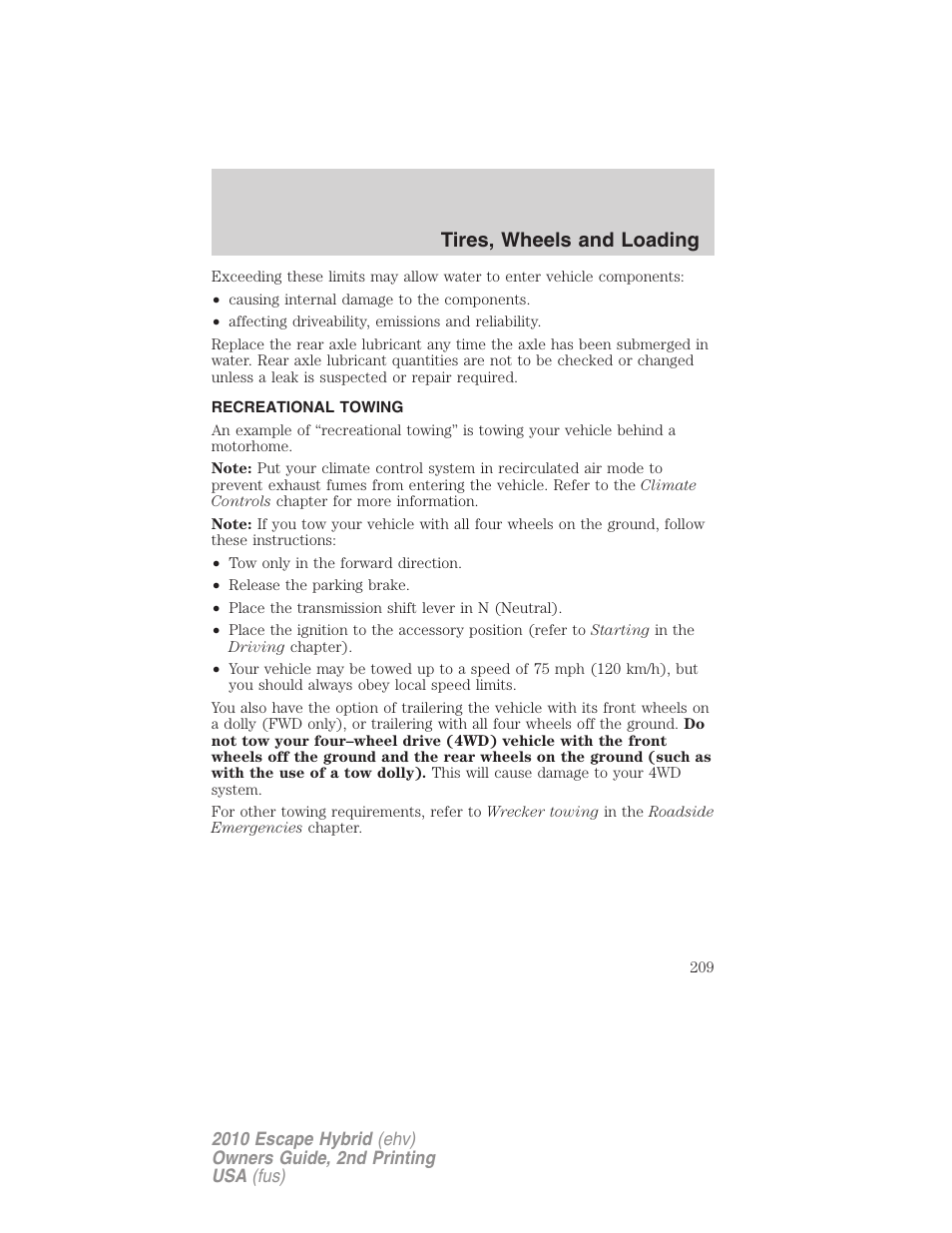 Recreational towing, Tires, wheels and loading | FORD 2010 Escape Hybrid v.2 User Manual | Page 209 / 353