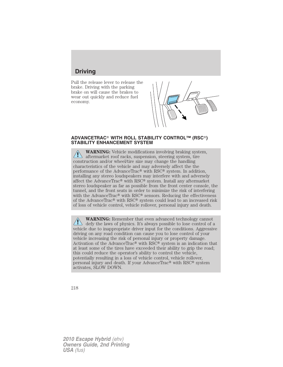 Advancetrac, Driving | FORD 2010 Escape Hybrid v.2 User Manual | Page 218 / 353