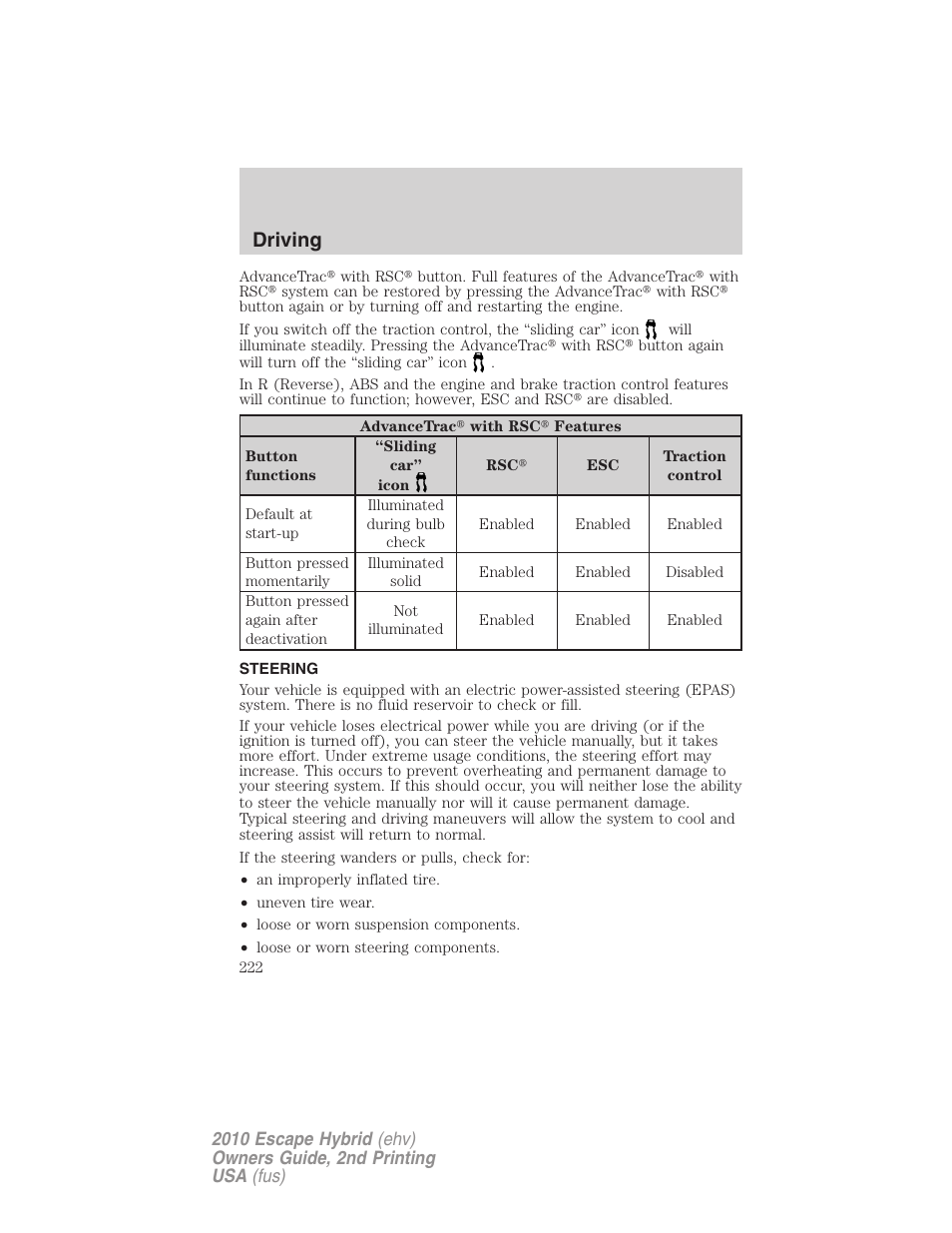 Steering, Driving | FORD 2010 Escape Hybrid v.2 User Manual | Page 222 / 353