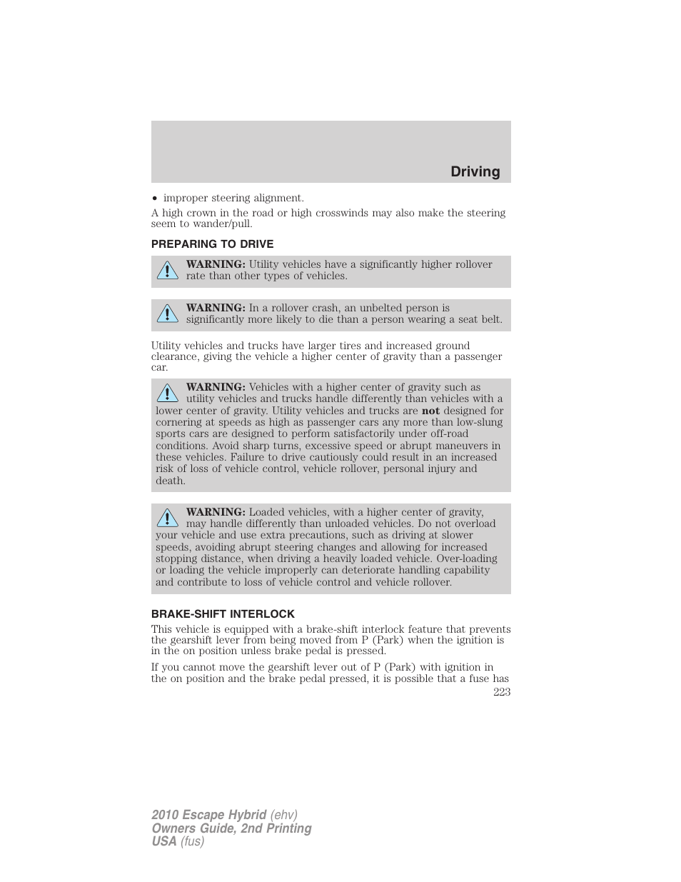 Preparing to drive, Brake-shift interlock, Driving | FORD 2010 Escape Hybrid v.2 User Manual | Page 223 / 353