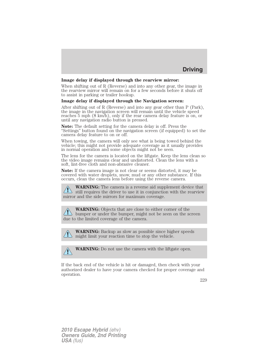 Driving | FORD 2010 Escape Hybrid v.2 User Manual | Page 229 / 353