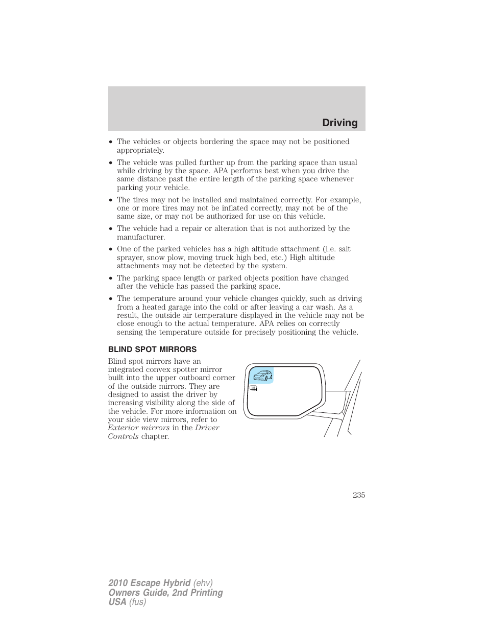 Blind spot mirrors, Driving | FORD 2010 Escape Hybrid v.2 User Manual | Page 235 / 353