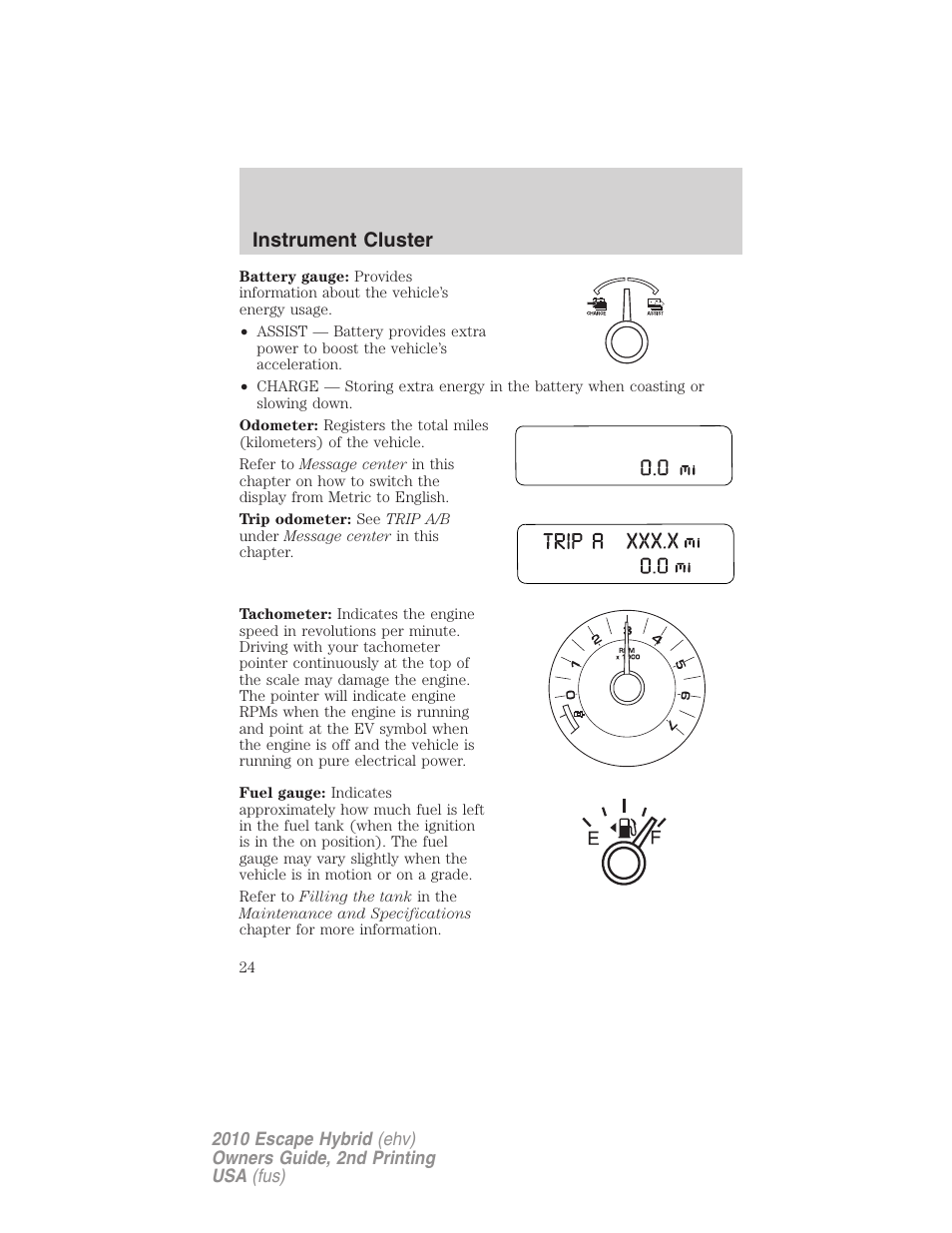 Instrument cluster | FORD 2010 Escape Hybrid v.2 User Manual | Page 24 / 353