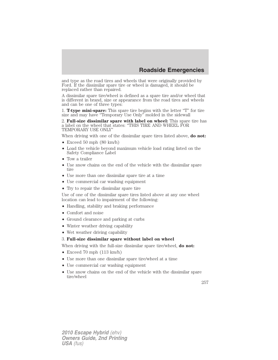 Roadside emergencies | FORD 2010 Escape Hybrid v.2 User Manual | Page 257 / 353