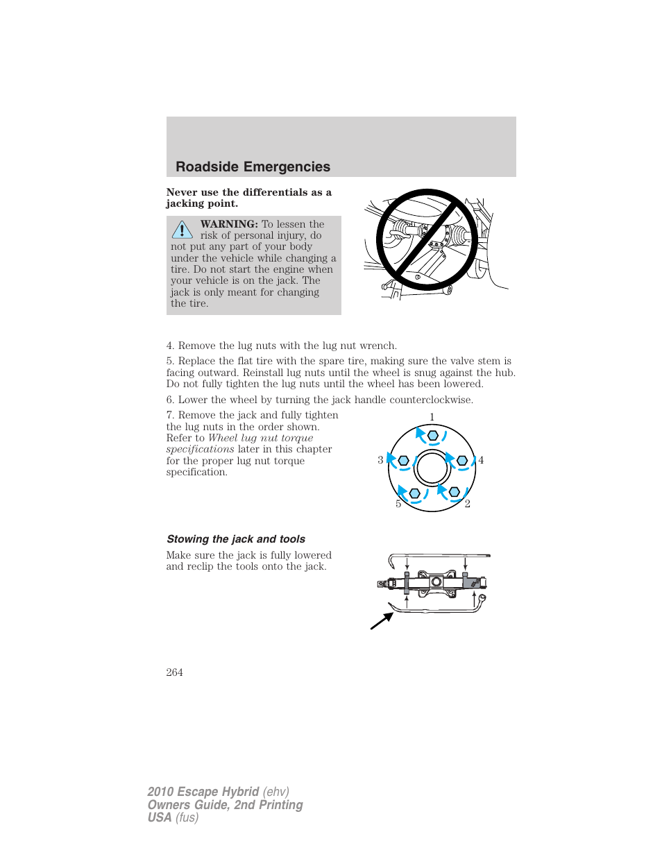 Stowing the jack and tools, Roadside emergencies | FORD 2010 Escape Hybrid v.2 User Manual | Page 264 / 353