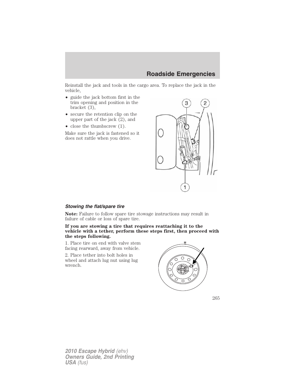 Stowing the flat/spare tire, Roadside emergencies | FORD 2010 Escape Hybrid v.2 User Manual | Page 265 / 353