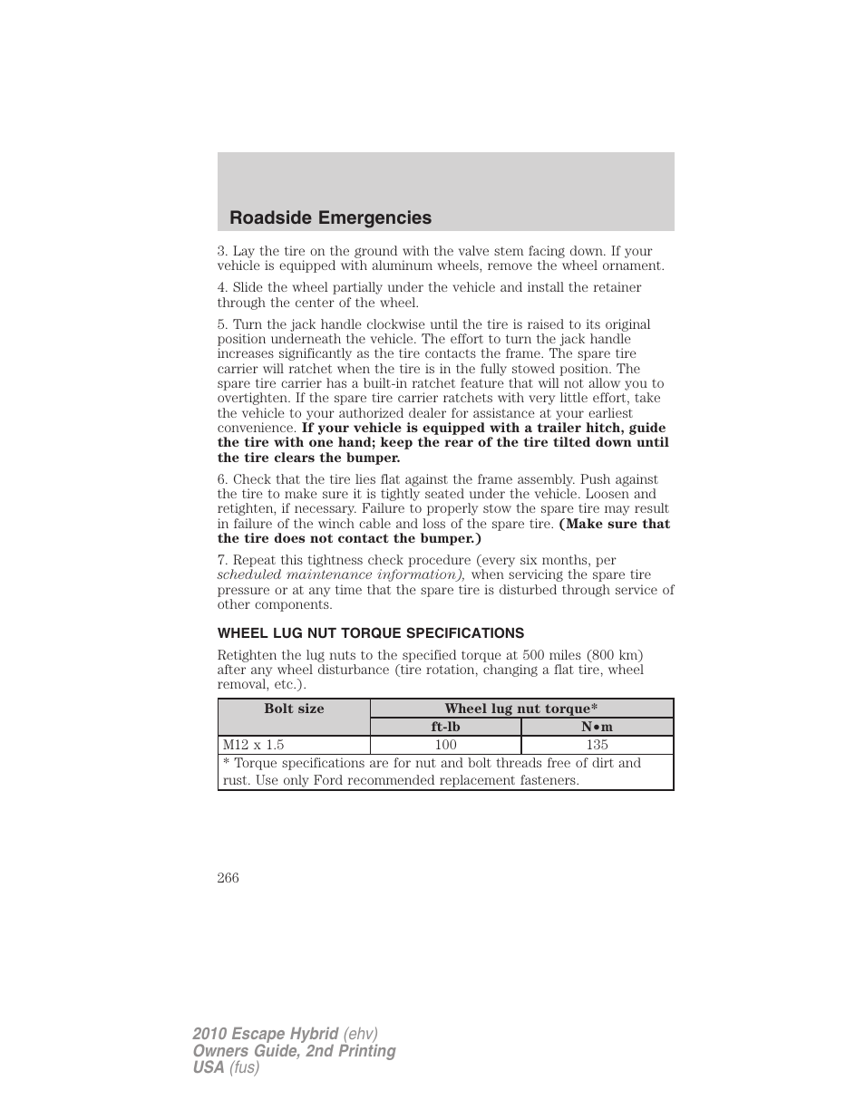 Wheel lug nut torque specifications, Wheel lug nut torque, Roadside emergencies | FORD 2010 Escape Hybrid v.2 User Manual | Page 266 / 353