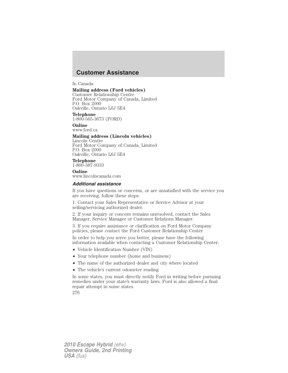 Additional assistance, Customer assistance | FORD 2010 Escape Hybrid v.2 User Manual | Page 276 / 353