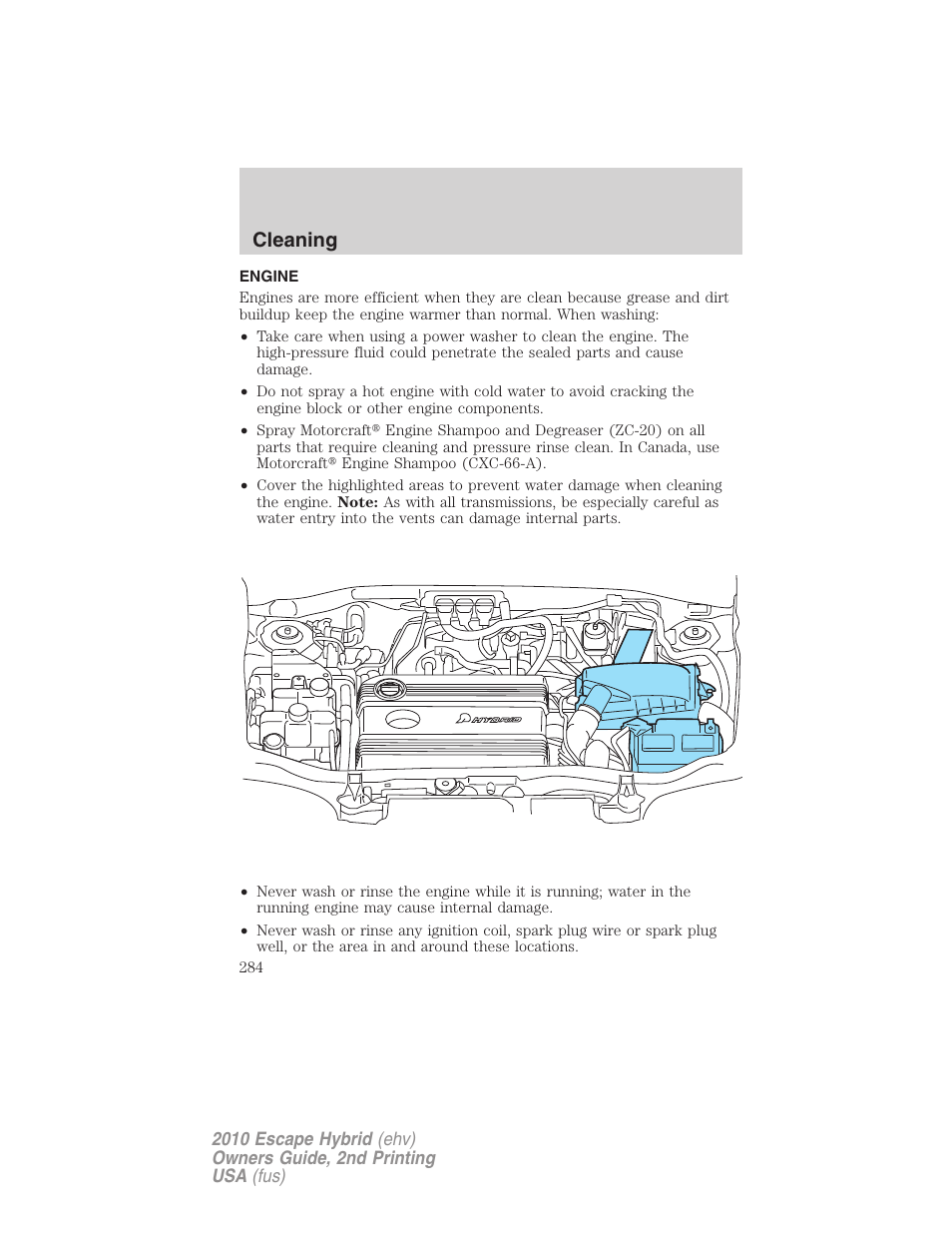 Engine, Cleaning | FORD 2010 Escape Hybrid v.2 User Manual | Page 284 / 353