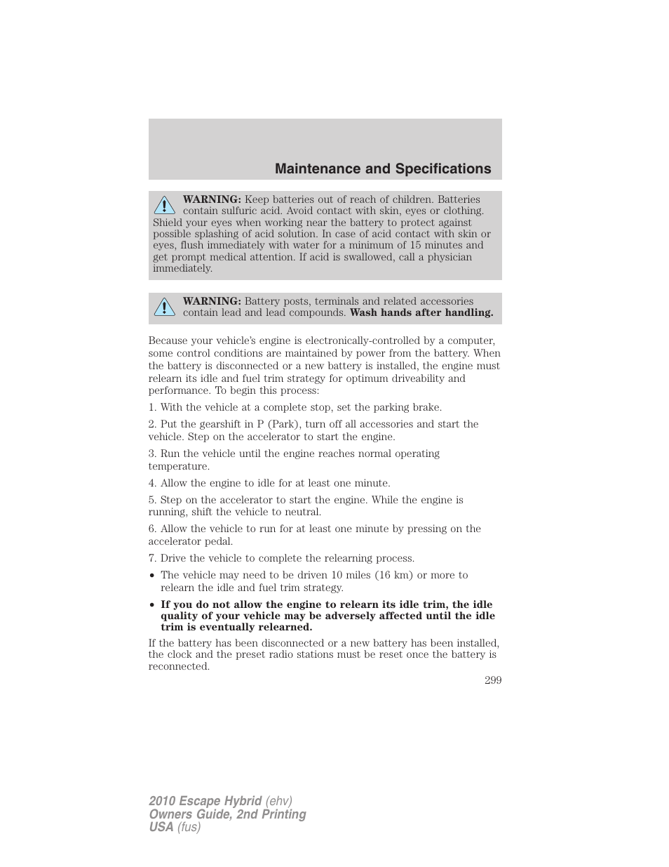 Maintenance and specifications | FORD 2010 Escape Hybrid v.2 User Manual | Page 299 / 353