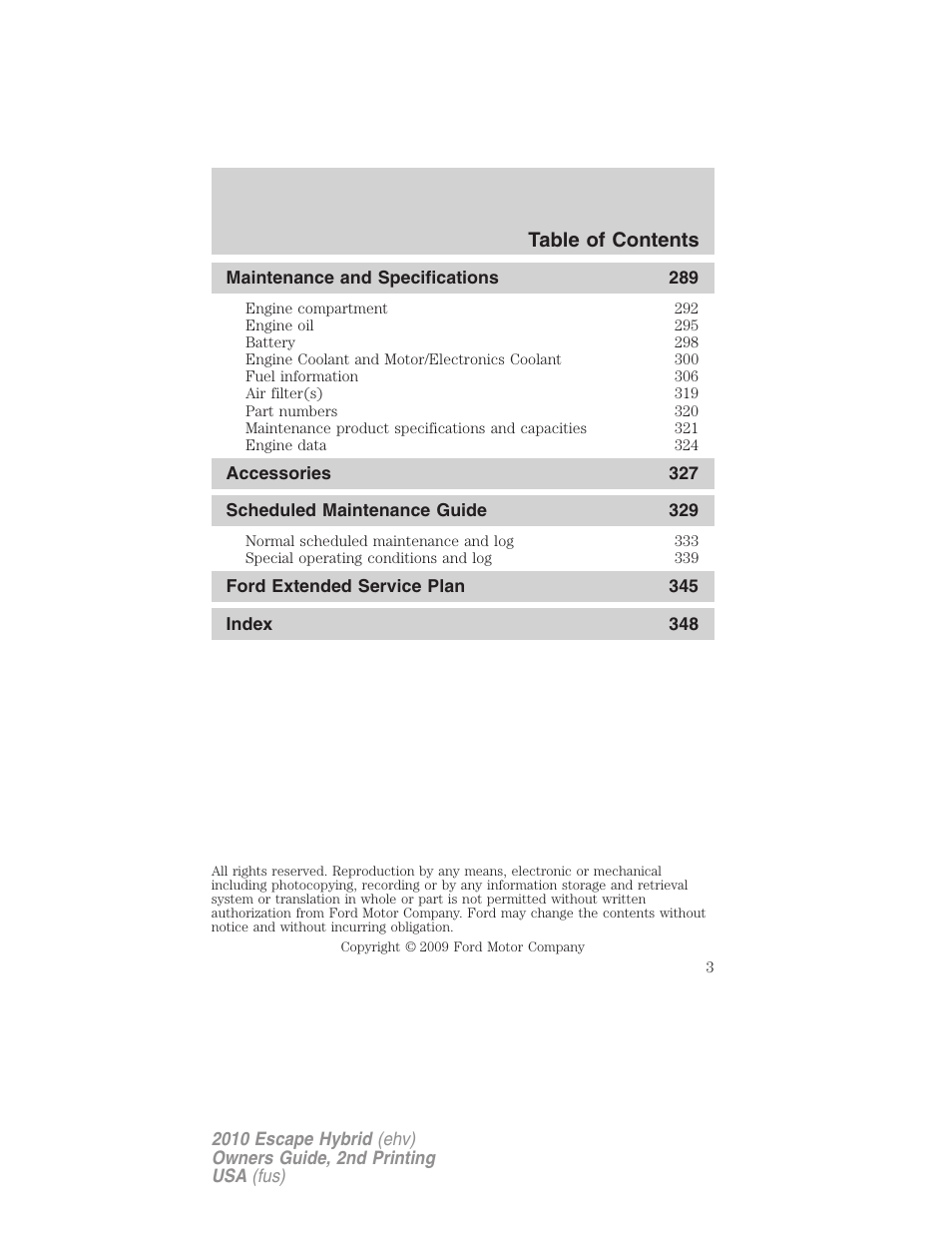 FORD 2010 Escape Hybrid v.2 User Manual | Page 3 / 353