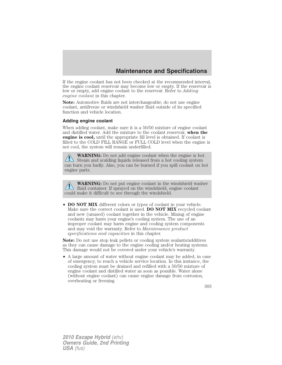 Adding engine coolant, Maintenance and specifications | FORD 2010 Escape Hybrid v.2 User Manual | Page 303 / 353