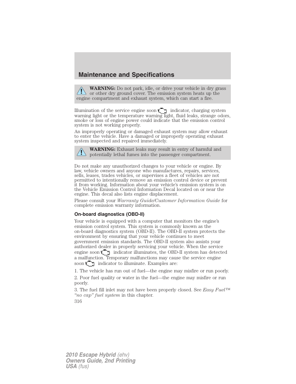 On-board diagnostics (obd-ii), Maintenance and specifications | FORD 2010 Escape Hybrid v.2 User Manual | Page 316 / 353