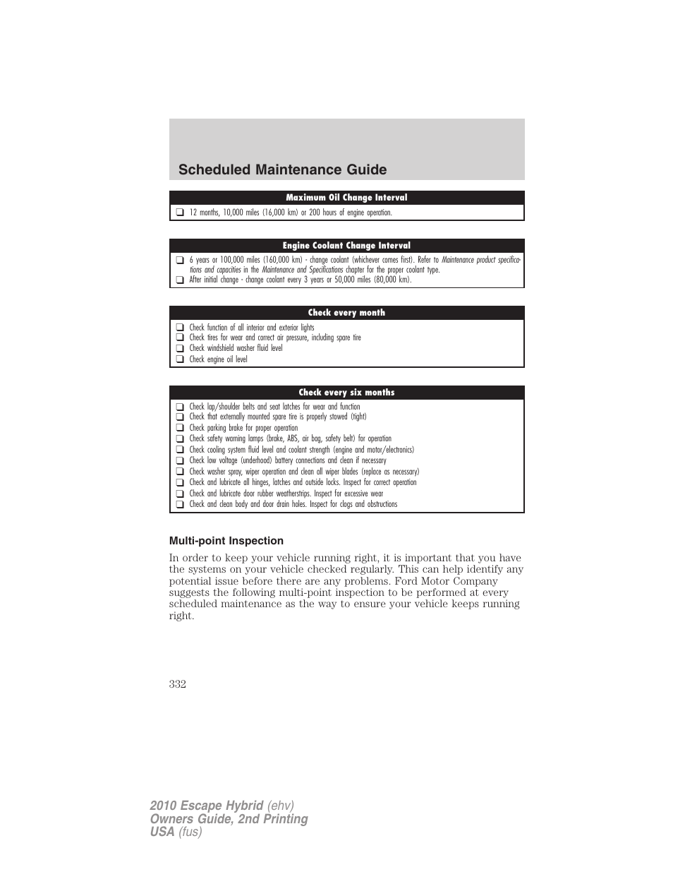 Multi-point inspection, Scheduled maintenance guide | FORD 2010 Escape Hybrid v.2 User Manual | Page 332 / 353
