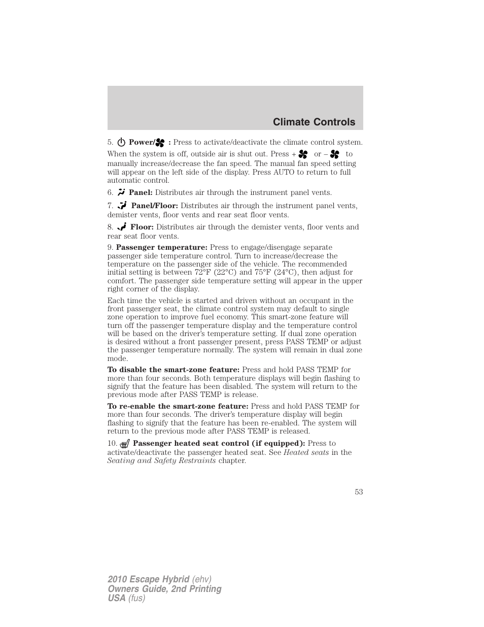 Climate controls | FORD 2010 Escape Hybrid v.2 User Manual | Page 53 / 353