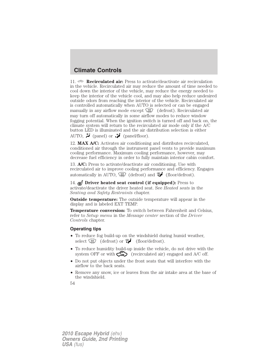 Operating tips, Climate controls | FORD 2010 Escape Hybrid v.2 User Manual | Page 54 / 353