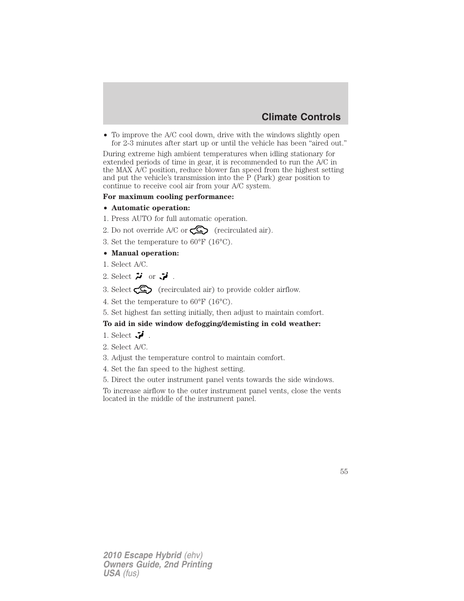 Climate controls | FORD 2010 Escape Hybrid v.2 User Manual | Page 55 / 353