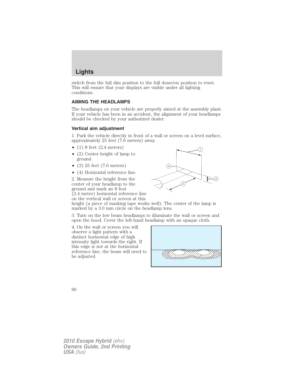 Aiming the headlamps, Vertical aim adjustment, Lights | FORD 2010 Escape Hybrid v.2 User Manual | Page 60 / 353