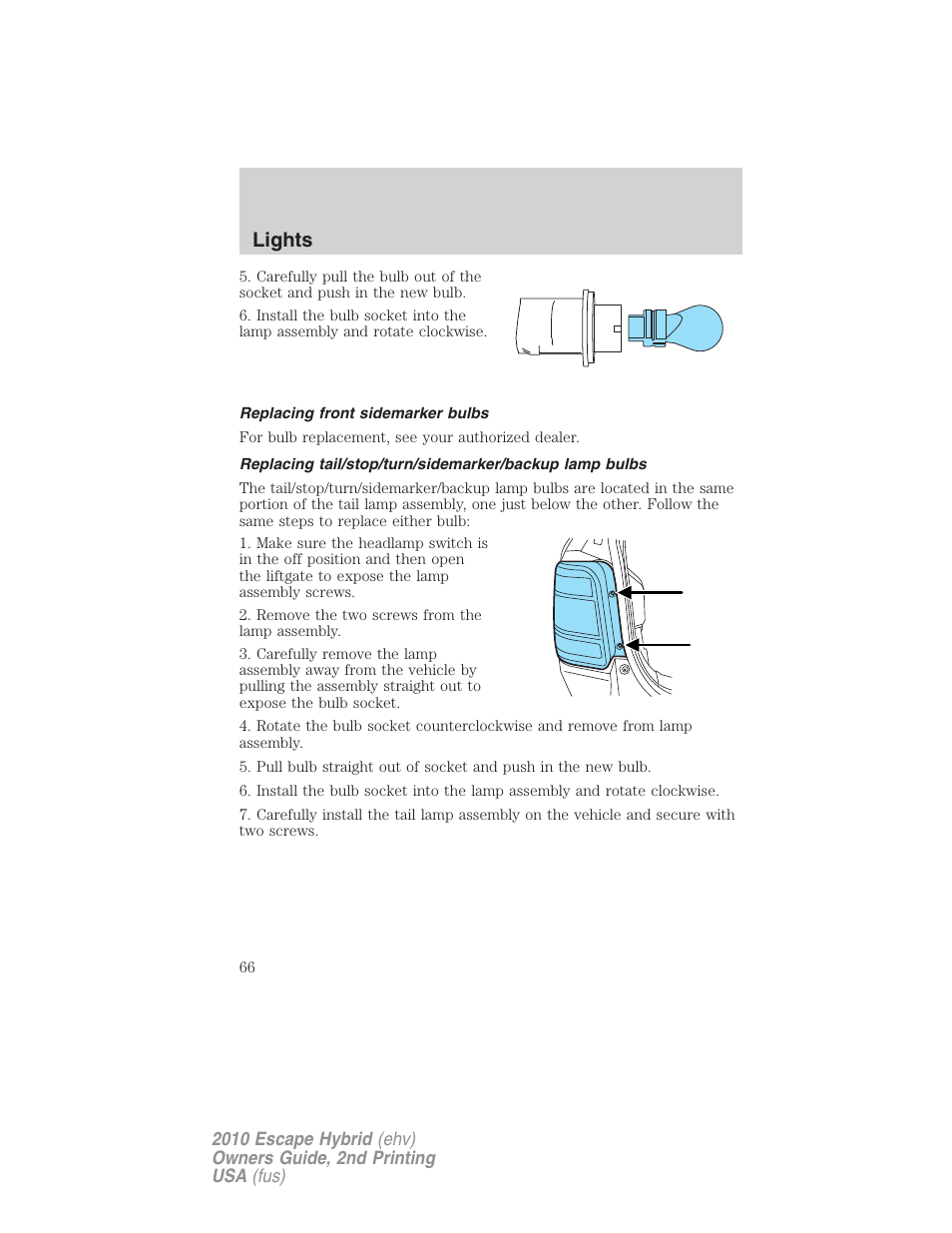 Replacing front sidemarker bulbs, Lights | FORD 2010 Escape Hybrid v.2 User Manual | Page 66 / 353
