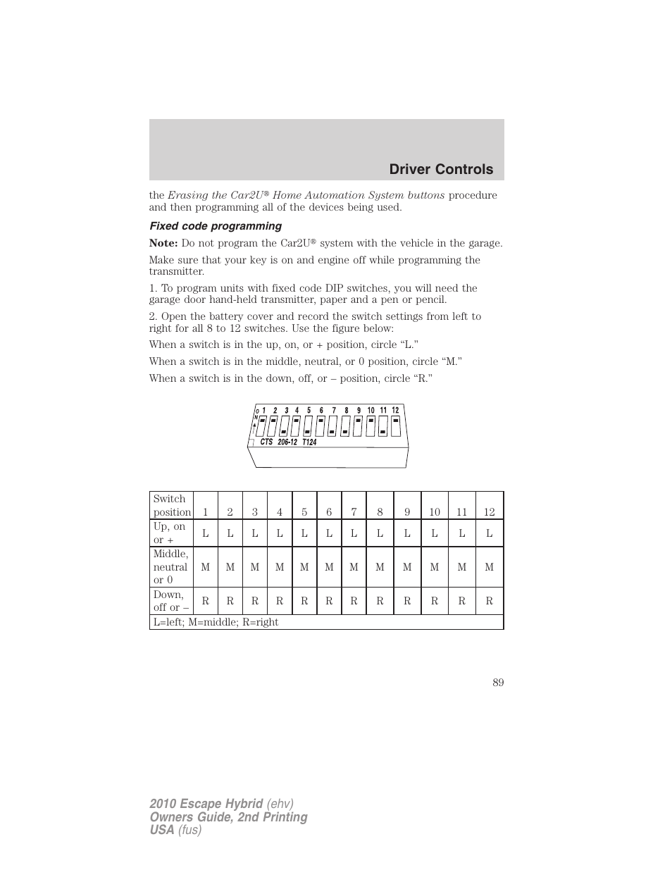 Fixed code programming, Driver controls | FORD 2010 Escape Hybrid v.2 User Manual | Page 89 / 353