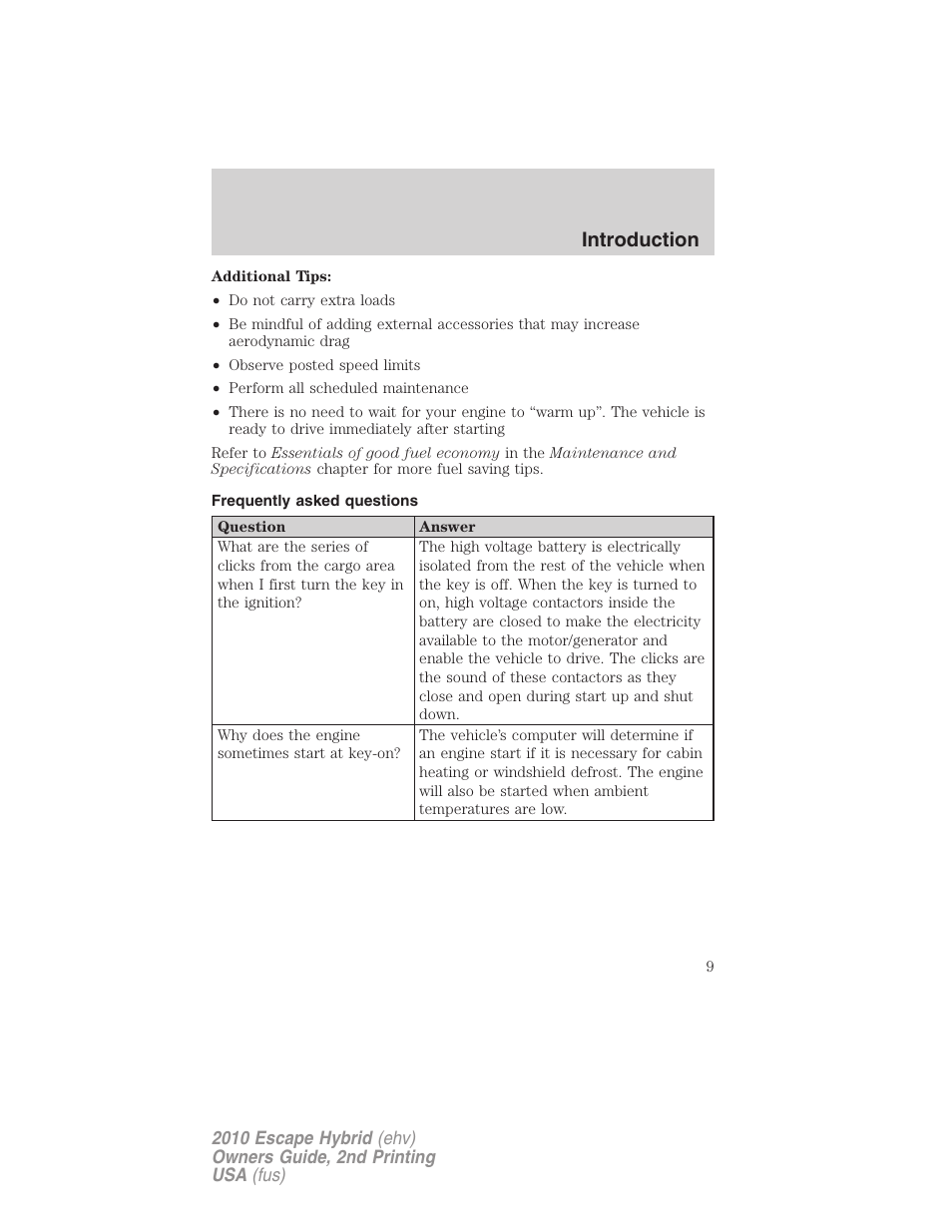 Frequently asked questions, Introduction | FORD 2010 Escape Hybrid v.2 User Manual | Page 9 / 353