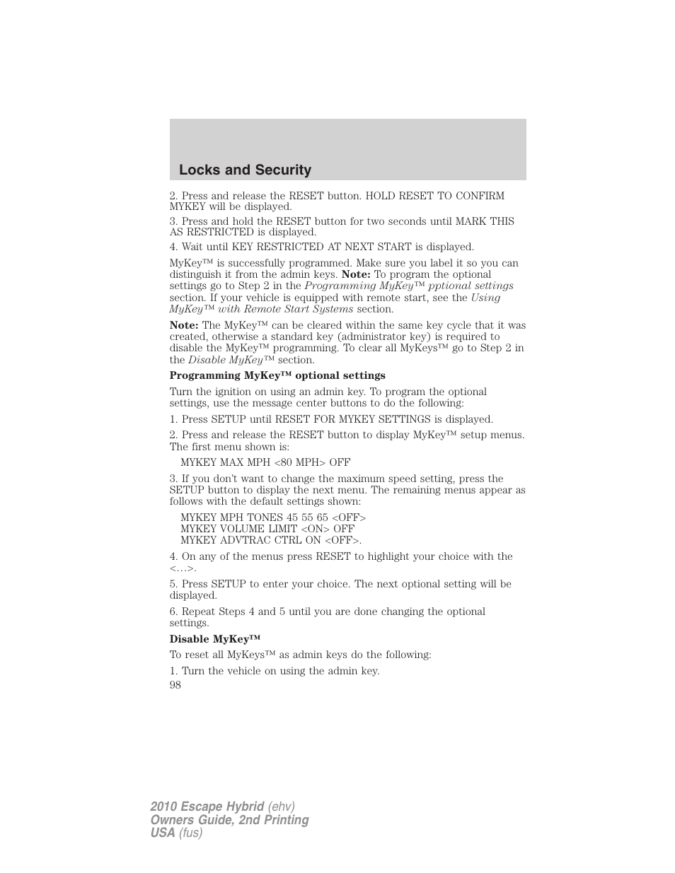Locks and security | FORD 2010 Escape Hybrid v.2 User Manual | Page 98 / 353