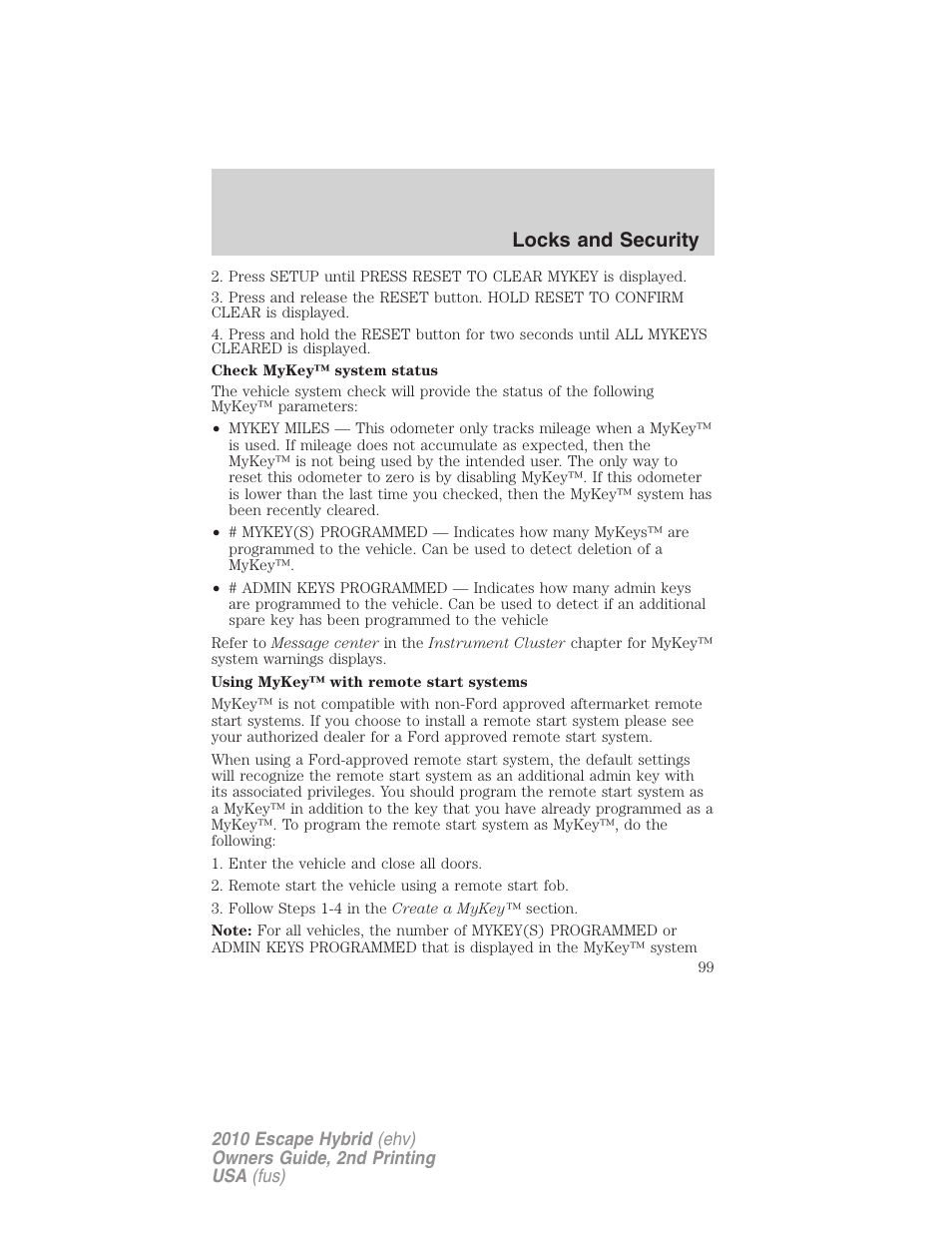 Locks and security | FORD 2010 Escape Hybrid v.2 User Manual | Page 99 / 353
