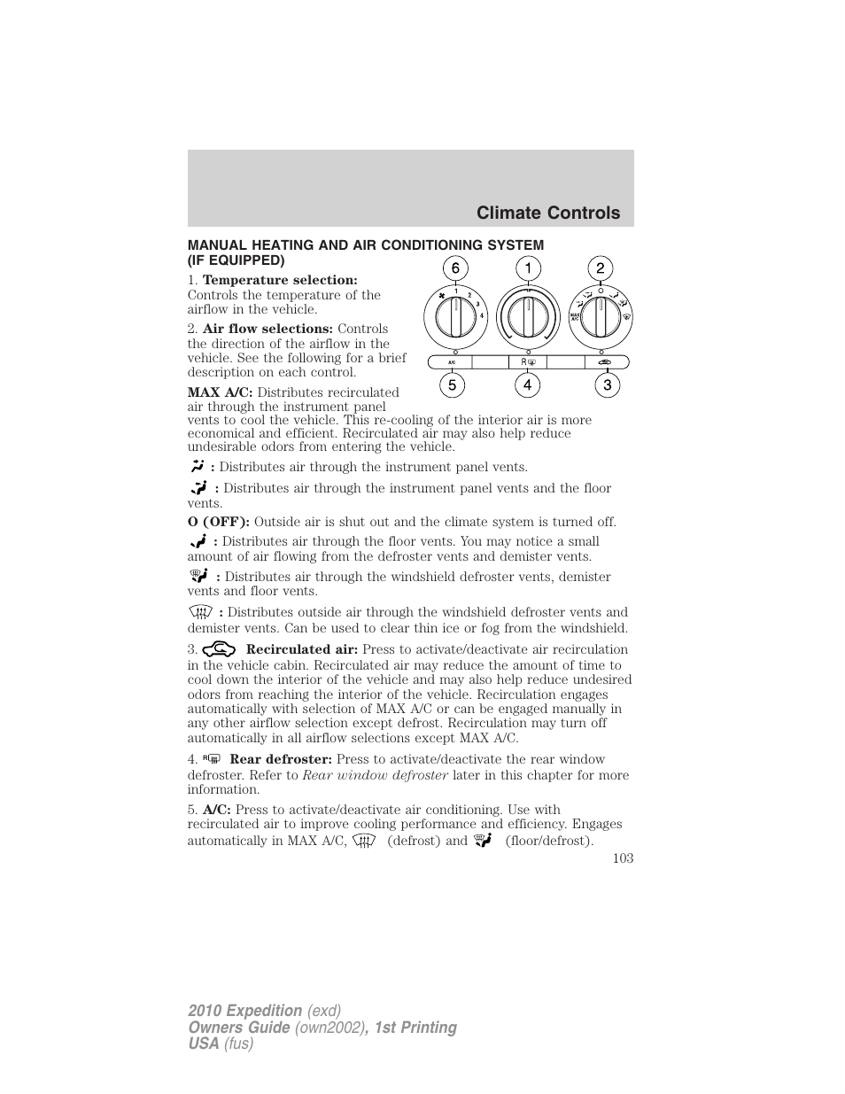 Climate controls, Manual heating and air conditioning | FORD 2010 Expedition v.1 User Manual | Page 103 / 420