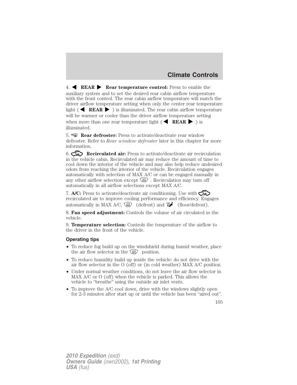 Operating tips, Climate controls | FORD 2010 Expedition v.1 User Manual | Page 105 / 420
